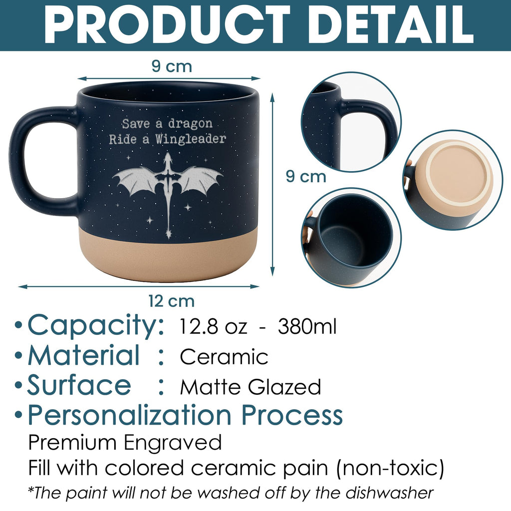 Engraved Wingleader Mug - Dragon Rider Inspired Coffee Cup, Bookish Fantasy Drinkware 12OZ, Unique Reader Present for Fans