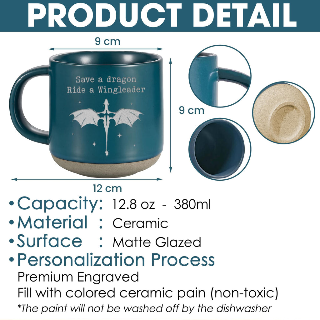 Engraved Wingleader Mug - Dragon Rider Inspired Coffee Cup, Bookish Fantasy Drinkware 12OZ, Unique Reader Present for Fans
