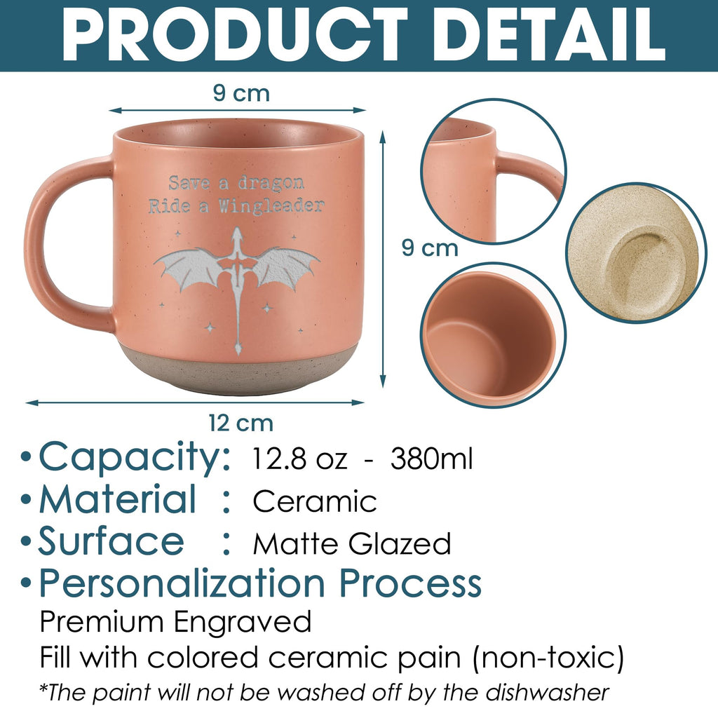 Engraved Wingleader Mug - Dragon Rider Inspired Coffee Cup, Bookish Fantasy Drinkware 12OZ, Unique Reader Present for Fans
