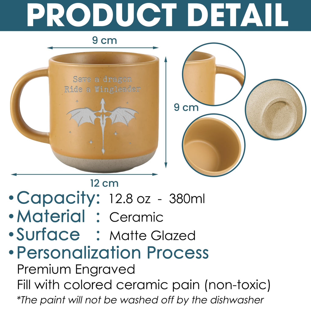 Engraved Wingleader Mug - Dragon Rider Inspired Coffee Cup, Bookish Fantasy Drinkware 12OZ, Unique Reader Present for Fans