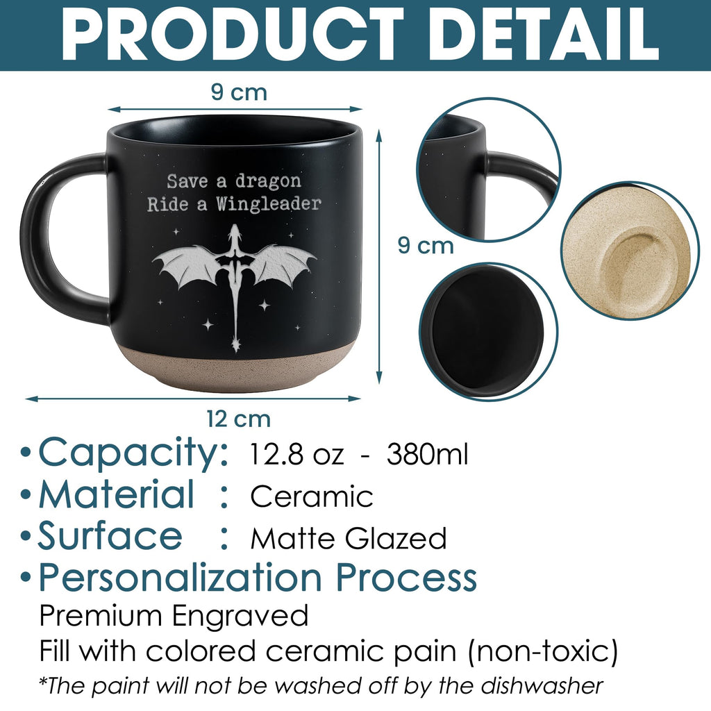 Engraved Wingleader Mug - Dragon Rider Inspired Coffee Cup, Bookish Fantasy Drinkware 12OZ, Unique Reader Present for Fans